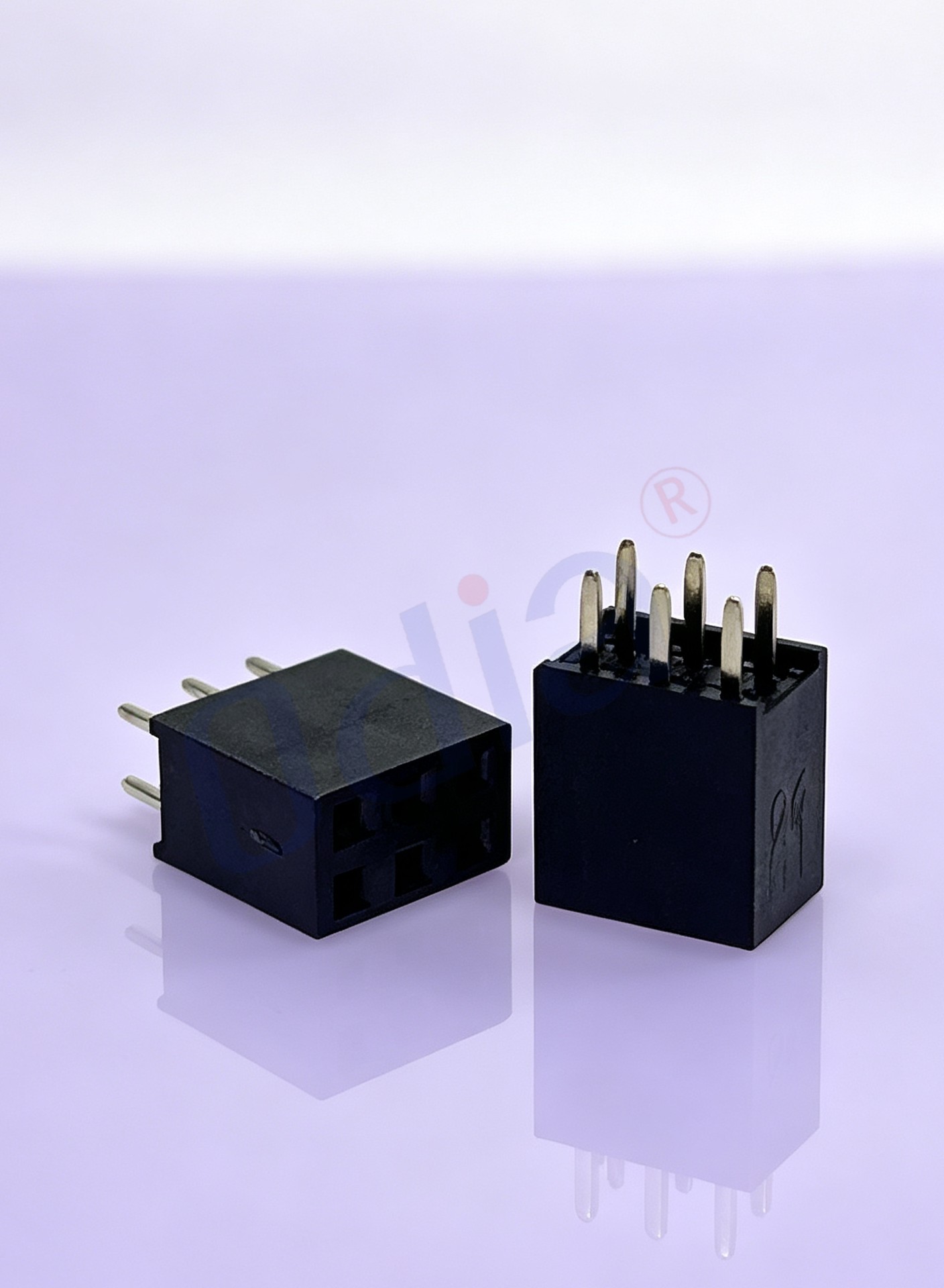 2,54 × 8,5 mm dvouradý přímý zásuvný čtvercový zástrčkový konektor 2×3P, přímý typ DIP pro průchod deskou, vzdálenost kontaktů (PC) = 3,2 mm, pouzdro z PA6T, povlakov zlata / cínu na podvrstvě niklu tloušťky 50 μ