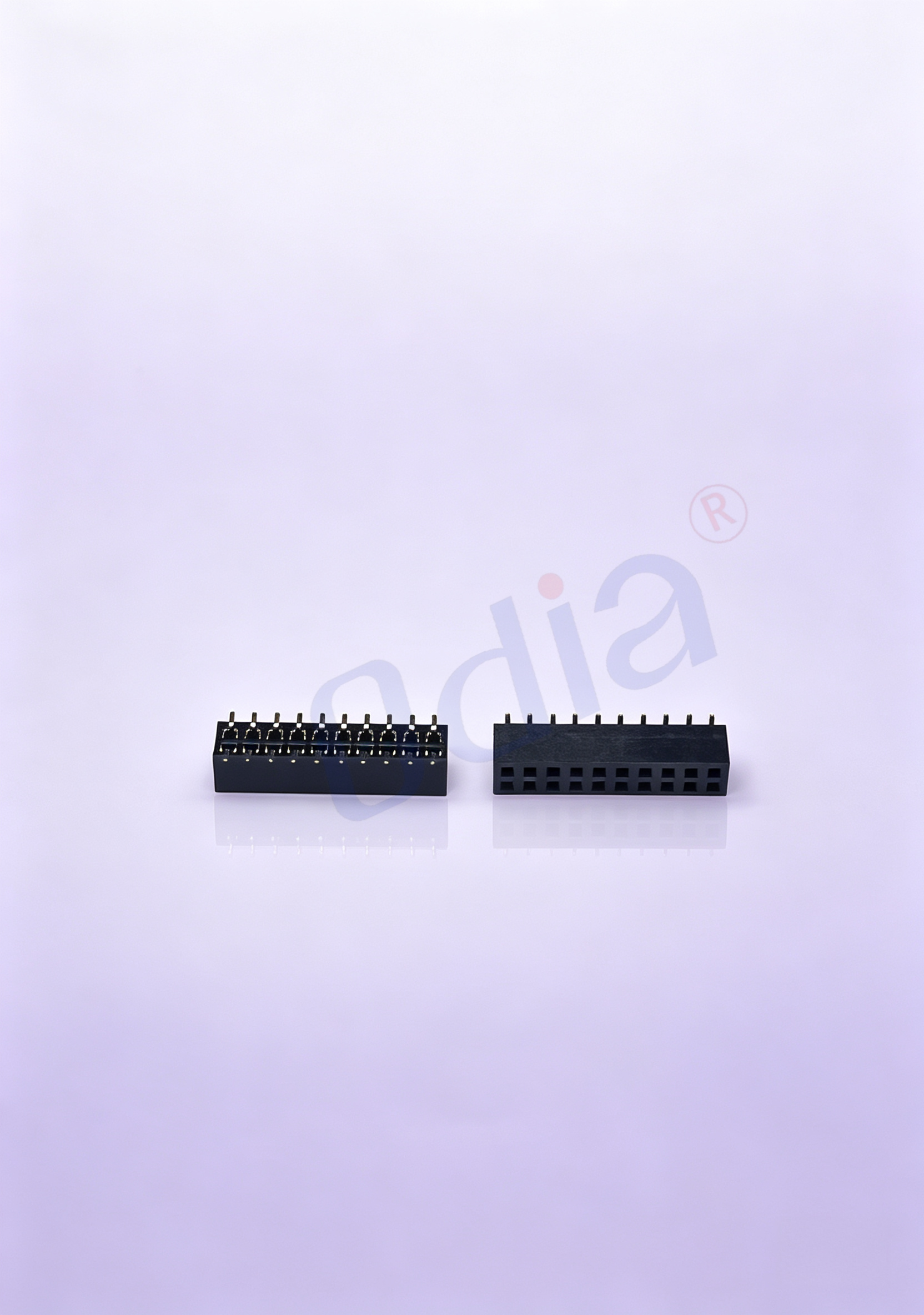2,0 × 4,3 mm dvouradý čtvercový zásuvný zástrčkový konektor 2×10P, typ SMT, šířka (W) = 6,5 mm, pouzdro z PA6T, povlakov zlata / cínu na podvrstvě niklu tloušťky 50 μ