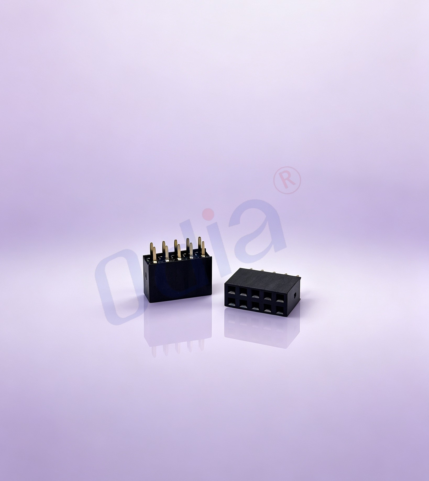 2,54 × 8,5 mm, dvouřadá přímá průchodová zásuvka se čtvercovým otvorem, 2 × 5 pólů, přímý DIP typ, tloušťka desky (PC) = 3,2 mm, pouzdro z PA6T, povlak zlata / cínu na niklové podvrstvě o tloušťce 50 μ