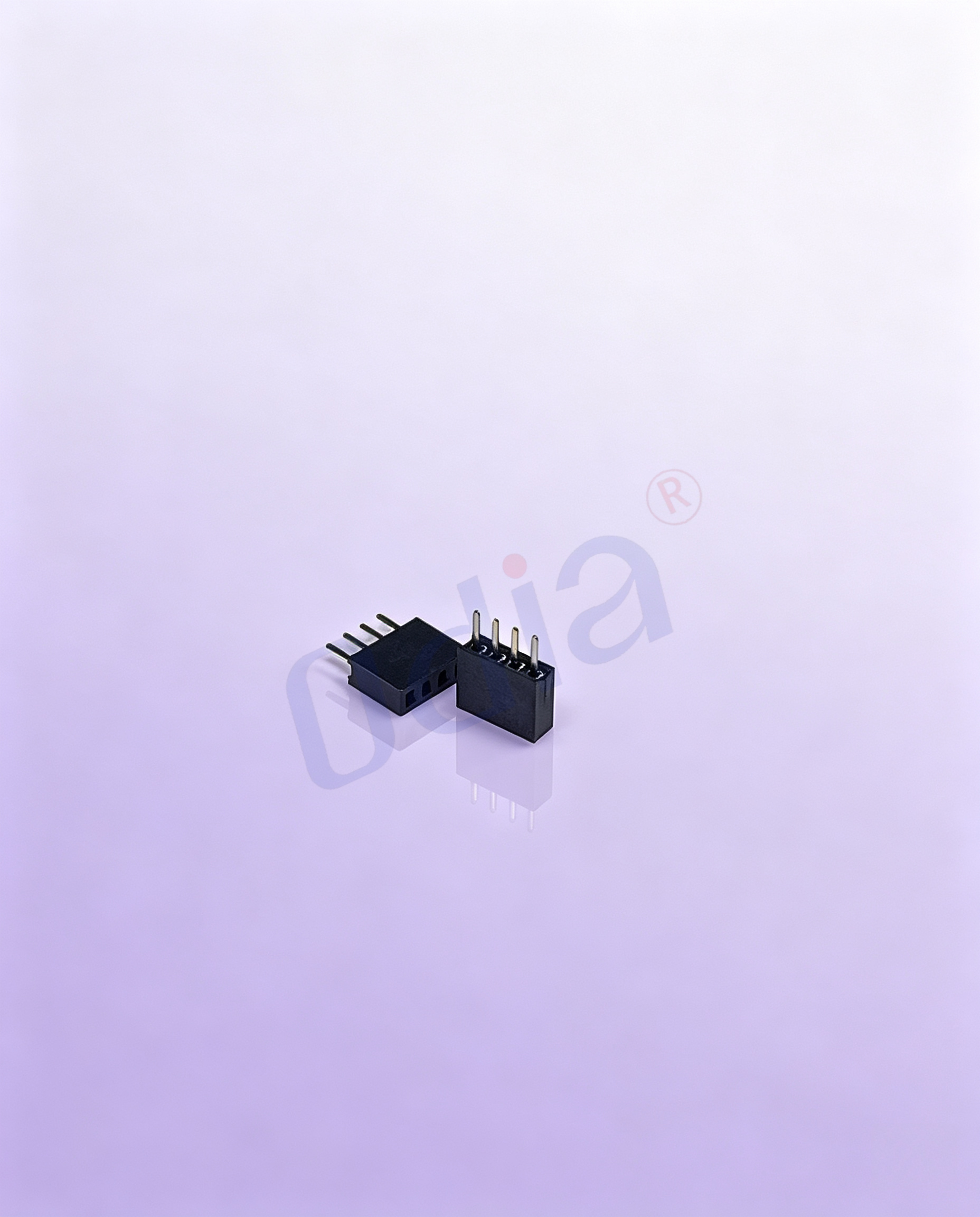 1,27 × 4,3 mm jednoradý přímý zásuvný konektor s čtvercovým tělem a 4 kontakty pro průchodní montáž, přímý typ DIP, vzdálenost kontaktů 2,4 mm, pouzdro z PA6T, povlakování zlato / cín nad podvrstvou niklu tloušťky 50 μm