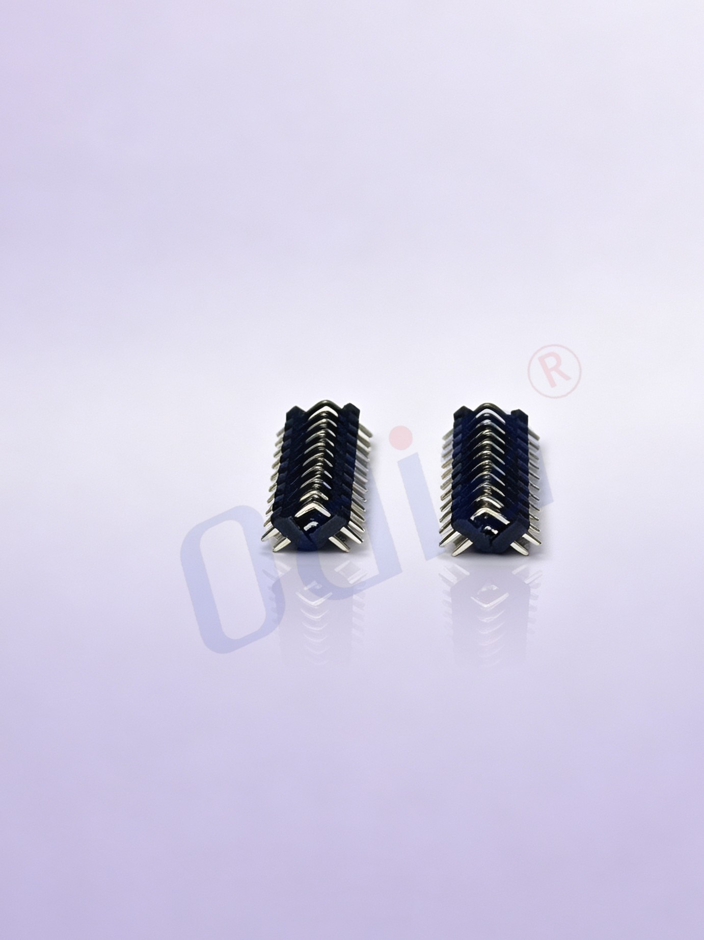 Čtvercový zahnutý průchodový kolík, dvojnásobná řada 1,27 × 1,0 mm, 2 × 11P, dvouvrstvý plastový izolátor, 90° průchodový kolík
