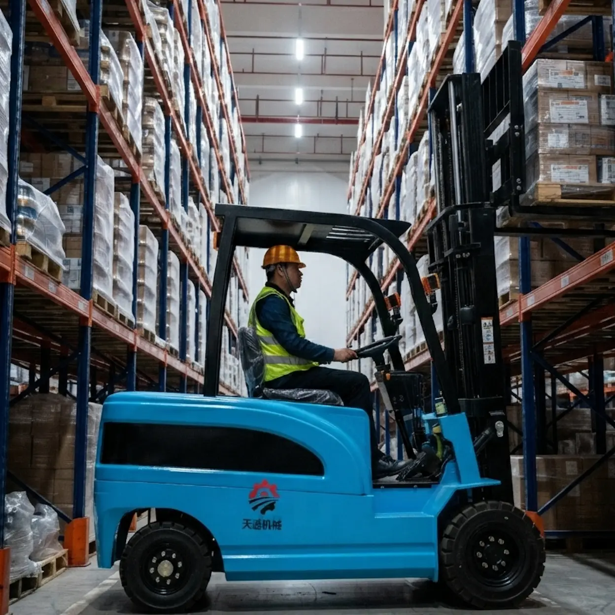 Electric forklift operating in a narrow warehouse aisle.webp