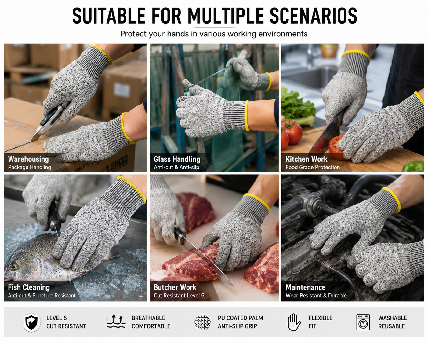 Cut-resistant gloves, suitable for food-grade and kitchen safety, customizable logo, OEM, cheap wholesale, work safety gloves supplier