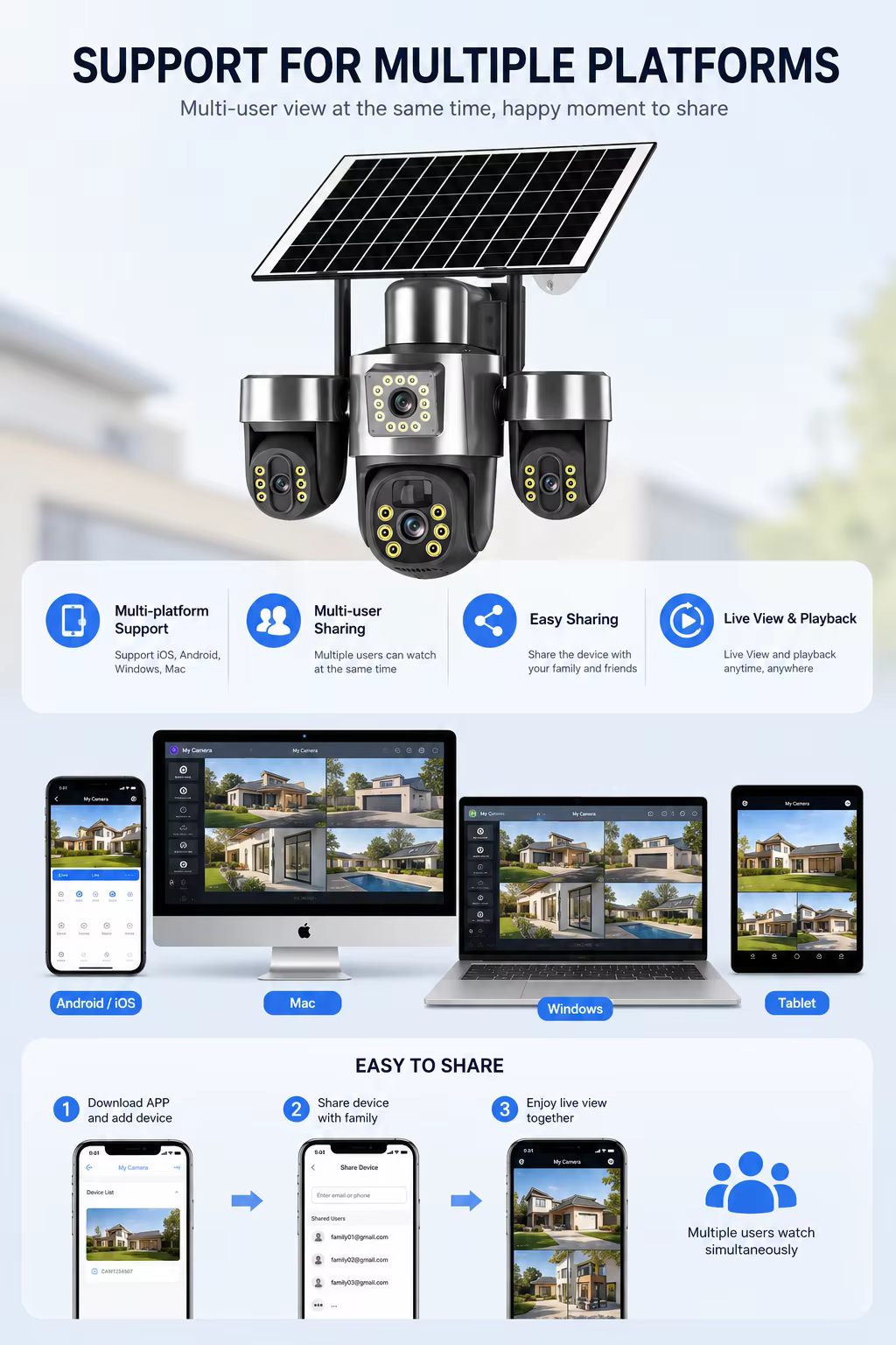 Solar Triple Lens PTZ Security Camera Wireless 4G 3 Screen HD Full Color Night Vision supplier