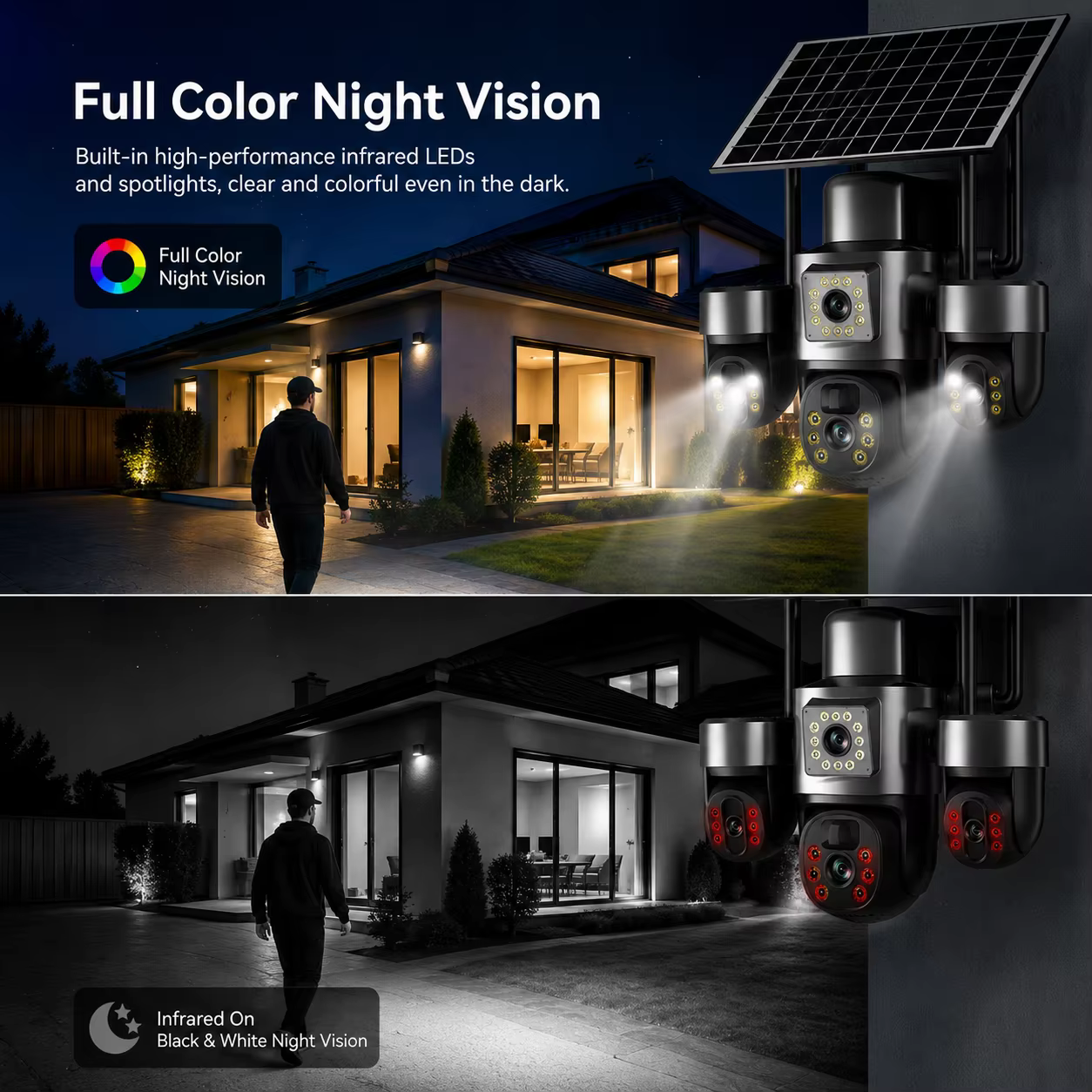 Solar Triple Lens PTZ Security Camera Wireless 4G 3 Screen HD Full Color Night Vision factory