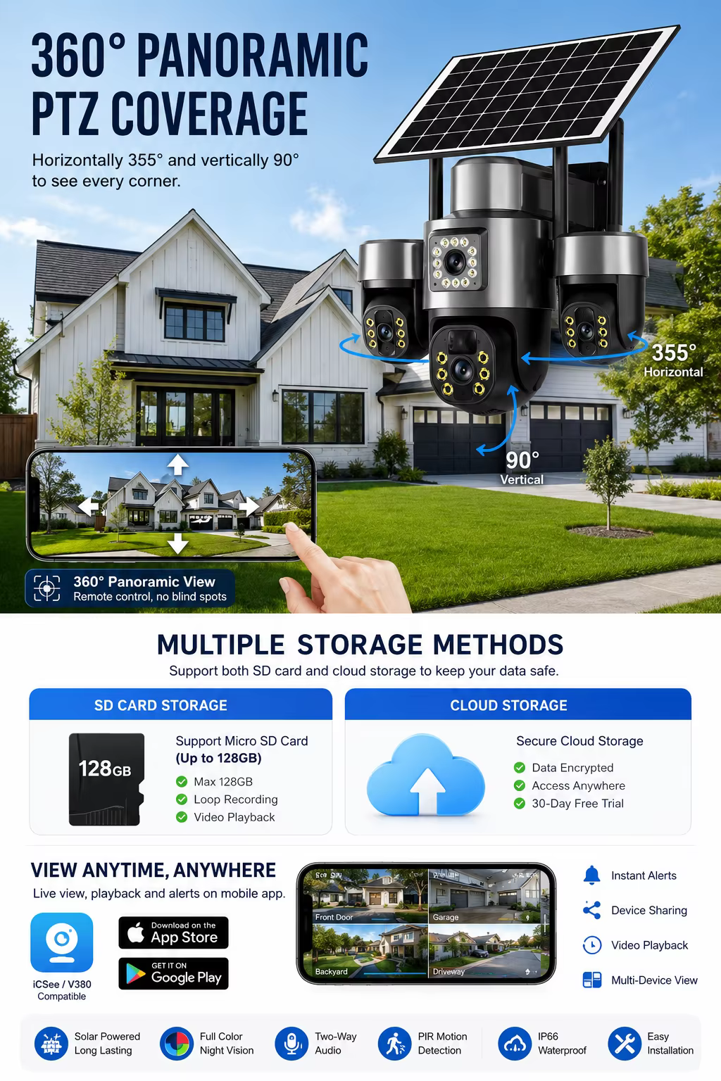 Solar Triple Lens PTZ Security Camera Wireless 4G 3 Screen HD Full Color Night Vision supplier