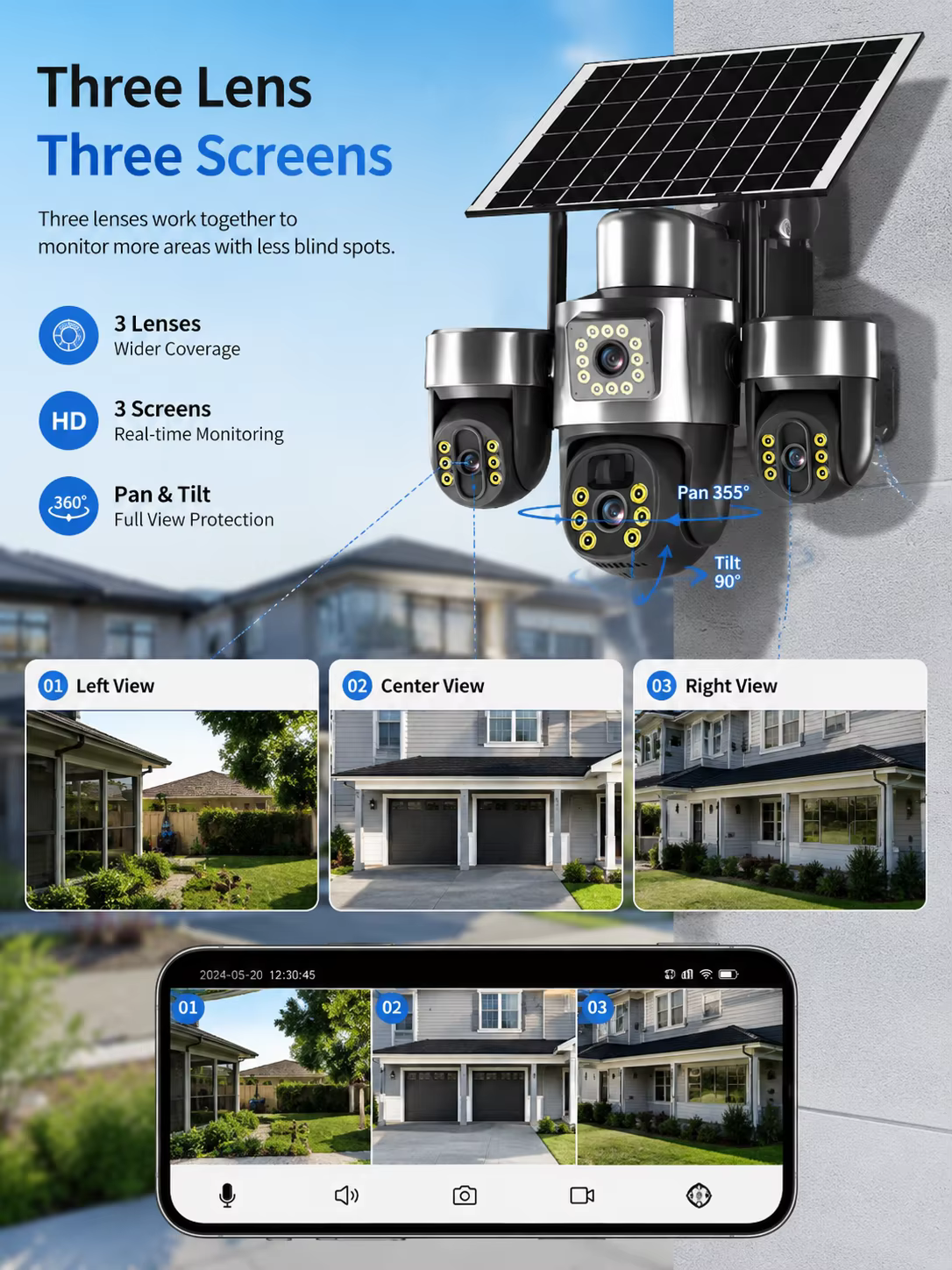 Solar Triple Lens PTZ Security Camera Wireless 4G 3 Screen HD Full Color Night Vision supplier