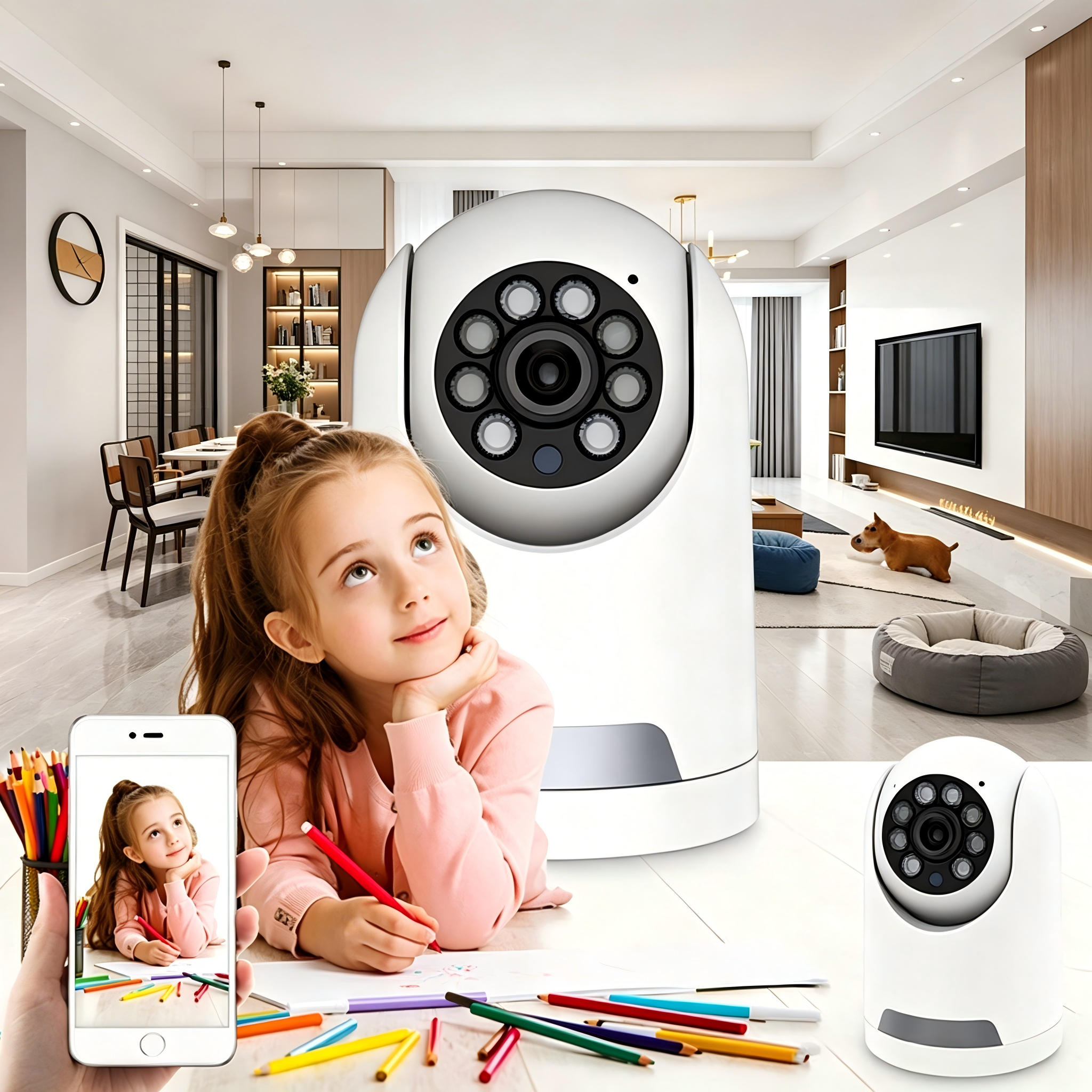 Telecamera di sicurezza WiFi con doppia illuminazione, rilevamento del movimento PIR, visione notturna a colori, sensore CMOS, angolo di visione ampio 355°, archiviazione su cloud/microSD, basso consumo