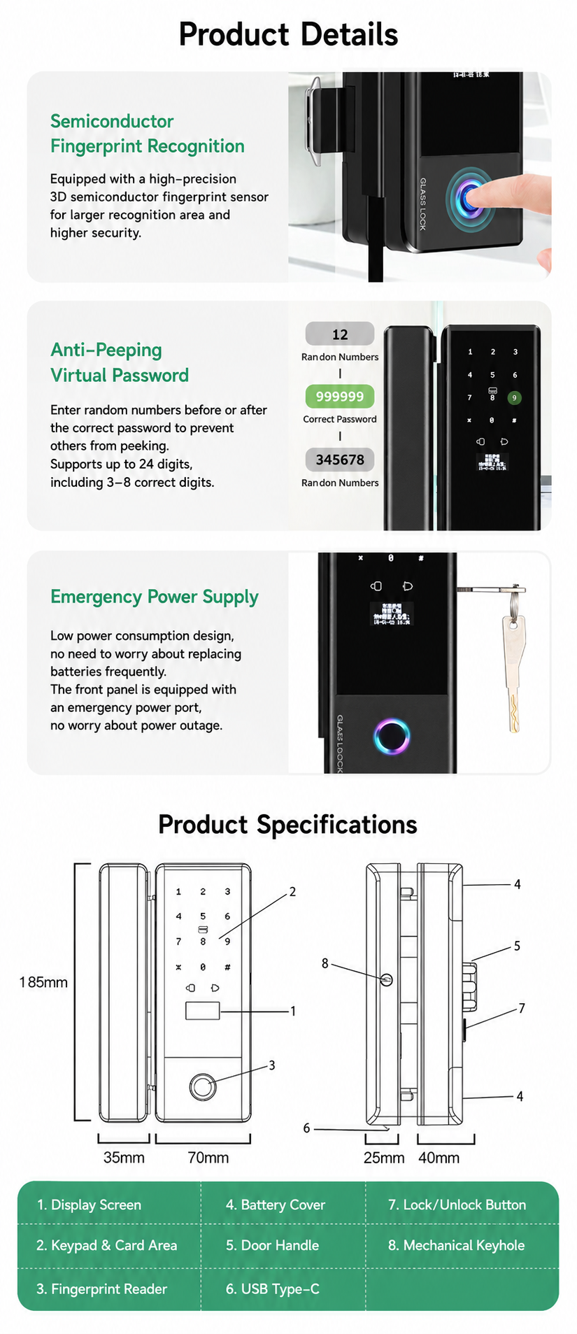 Smart Lock for Frameless Glass Doors — Biometric Fingerprint, Keypad & APP Control | Office Door Lock for Single or Double Glass Doors details
