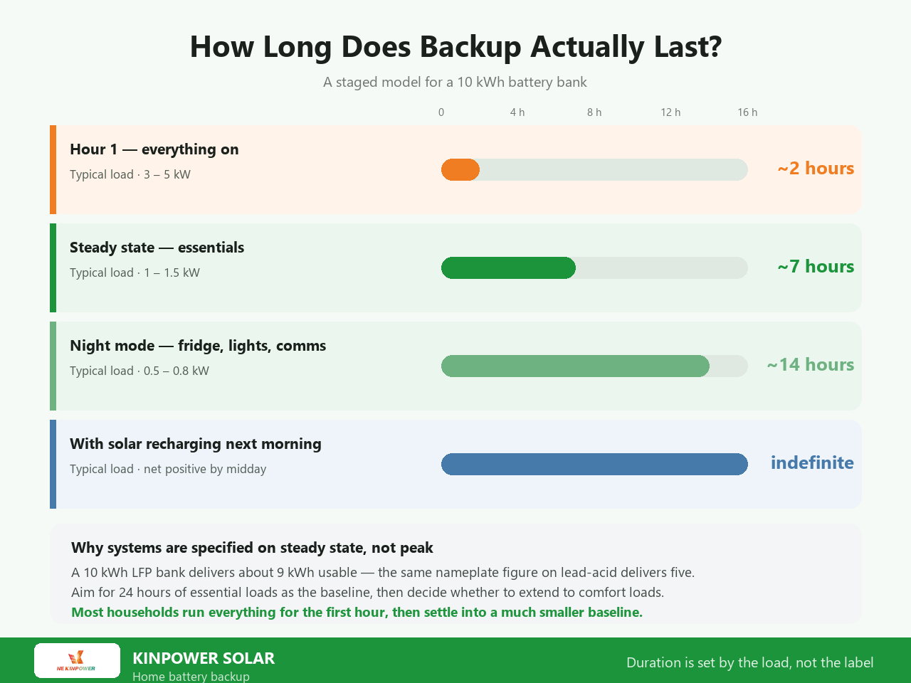 How long a 10 kWh solar battery backup lasts: hour one at 3-5 kW for about 2 hours, steady essentials at 1-1.5 kW for about 7 hours, night mode at 0.5-0.8 kW for about 14 hours, and indefinite while solar recharges