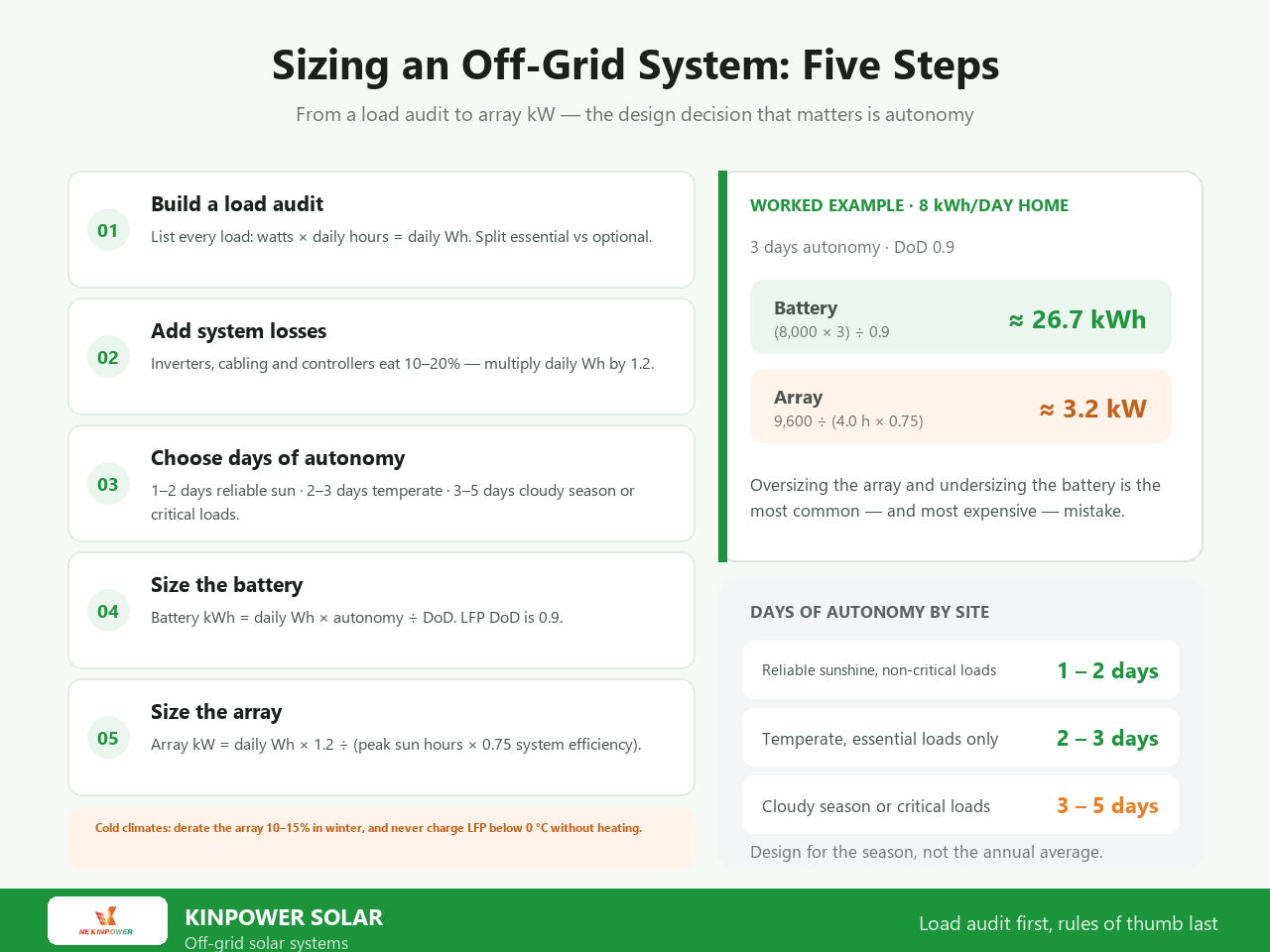 How to size an off grid solar system in five steps: load audit, 1.2 system losses, days of autonomy, battery kWh and array kW — worked example gives 26.7 kWh battery and 3.2 kW array for an 8 kWh/day home