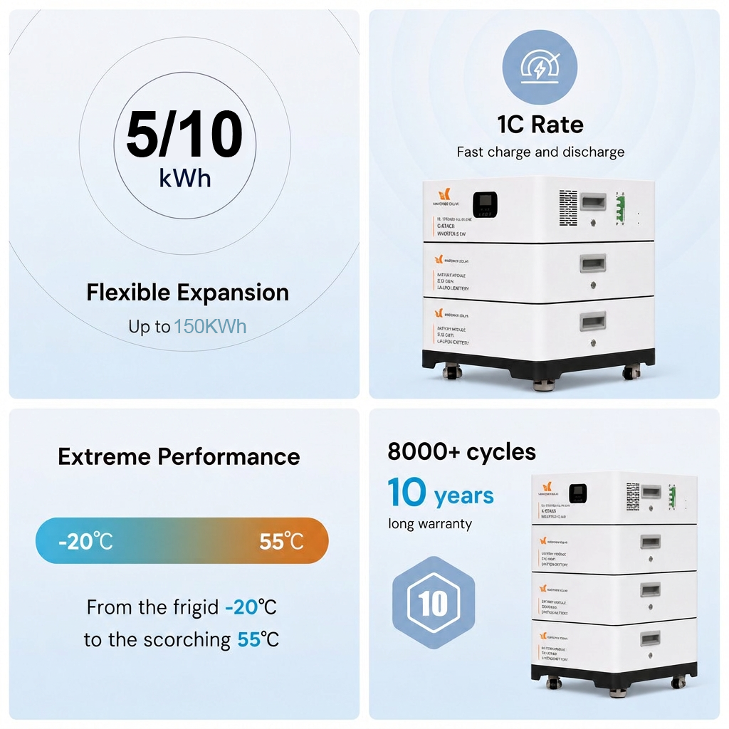 5kW Solar Energy Storage System | Compact Stackable LiFePO4 Battery 5.12kWh