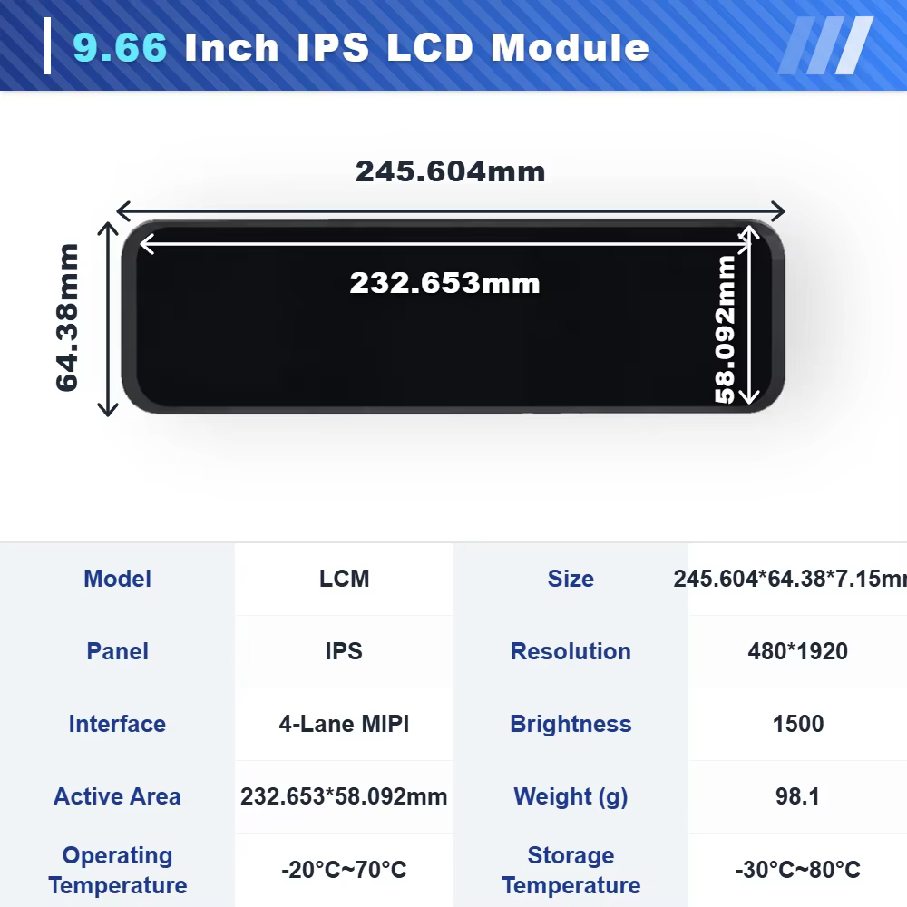 WeiTai Custom 9.66 Inch IPS TFT LCD Screen Module with 480x1920 Resolution and 1500 Cd/m Brightness for Vehicle Rearview Mirror factory