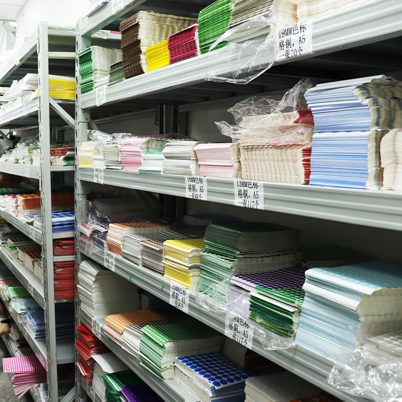 Warehouse storage for label materials and finished stickers