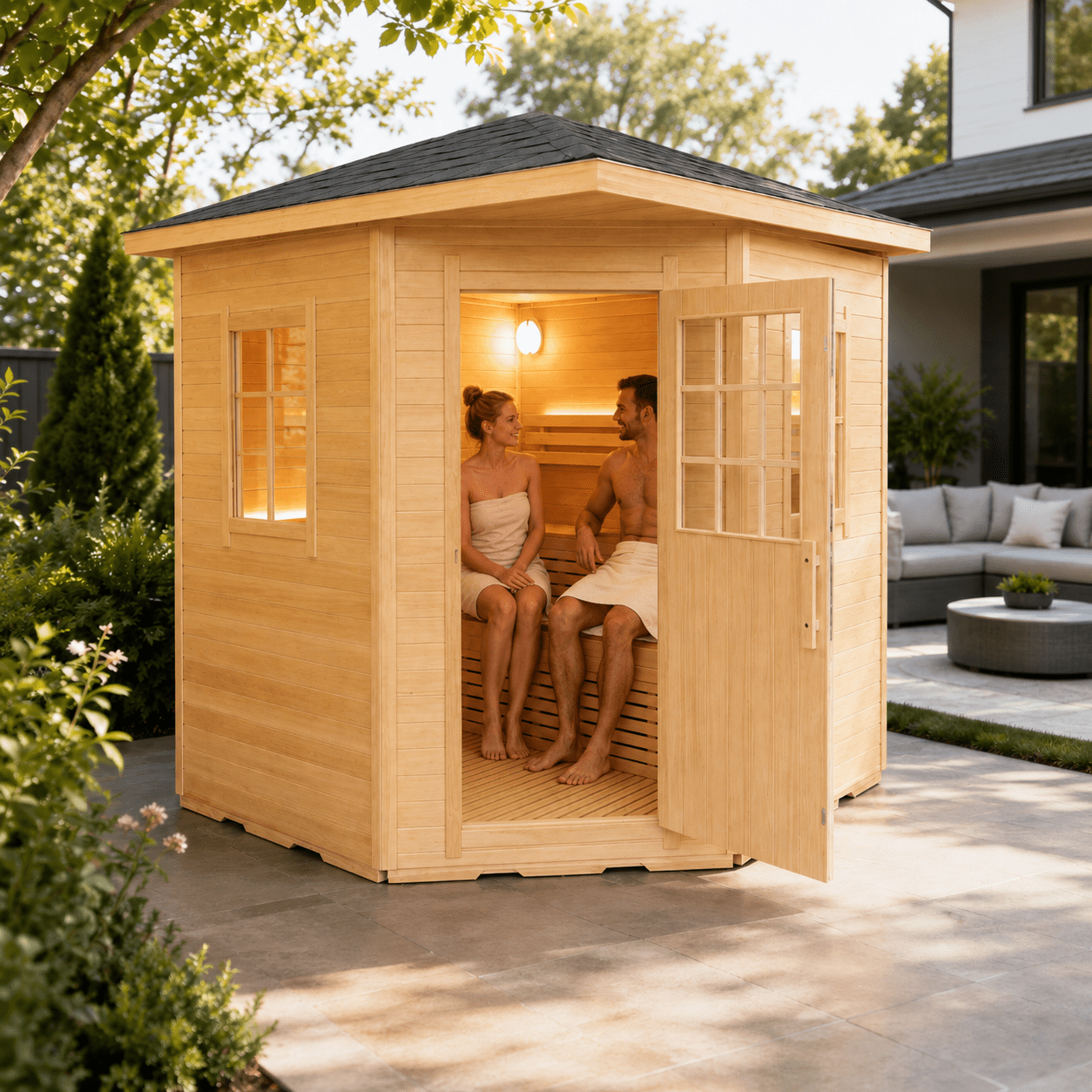 WJ-HA02 Hexagonal Outdoor Steam Sauna | 6kW Harvia Heater | FSC-Certified Timber Construction