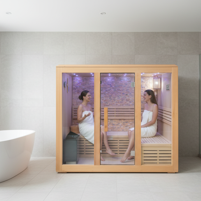 WJ-C2 FSC Hemlock 4 people Large Space Dry Steam Sauna Room With Harvia Stove