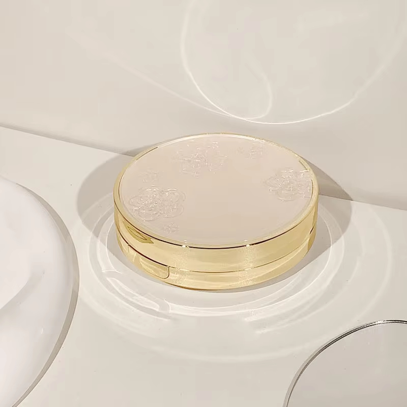 Round Embossed ABS Air Cushion Compact Case with Gold Rim Mirror Puff Slot BB CC Cream Foundation Packaging Box Cosmetic Container Luxury Design