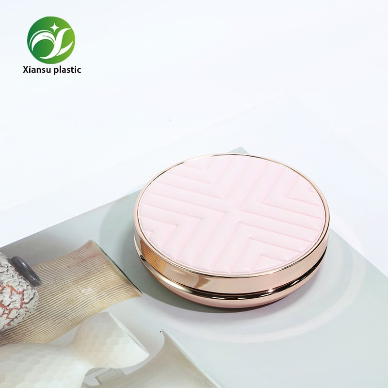 Luxury Light Pink Round ABS Air Cushion Compact Case Leather Texture Electroplated Foundation Packaging Box BB CC Cushion Cosmetic Container