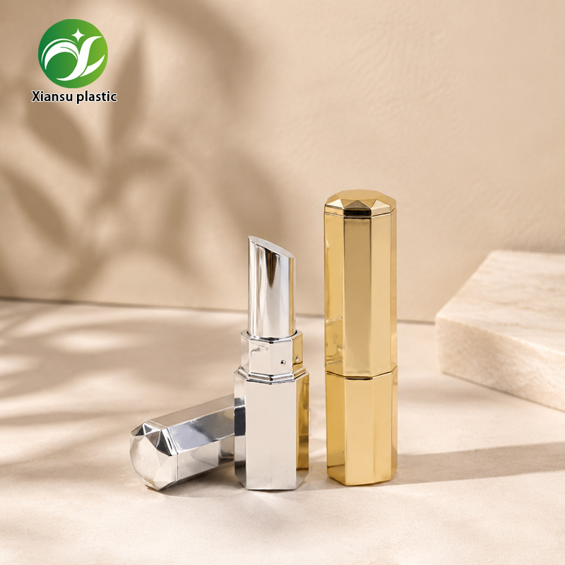 Octagonal ABS Lipstick Tube Gold Silver Electroplated Empty Lip Balm Container for OEM Cosmetic Packaging