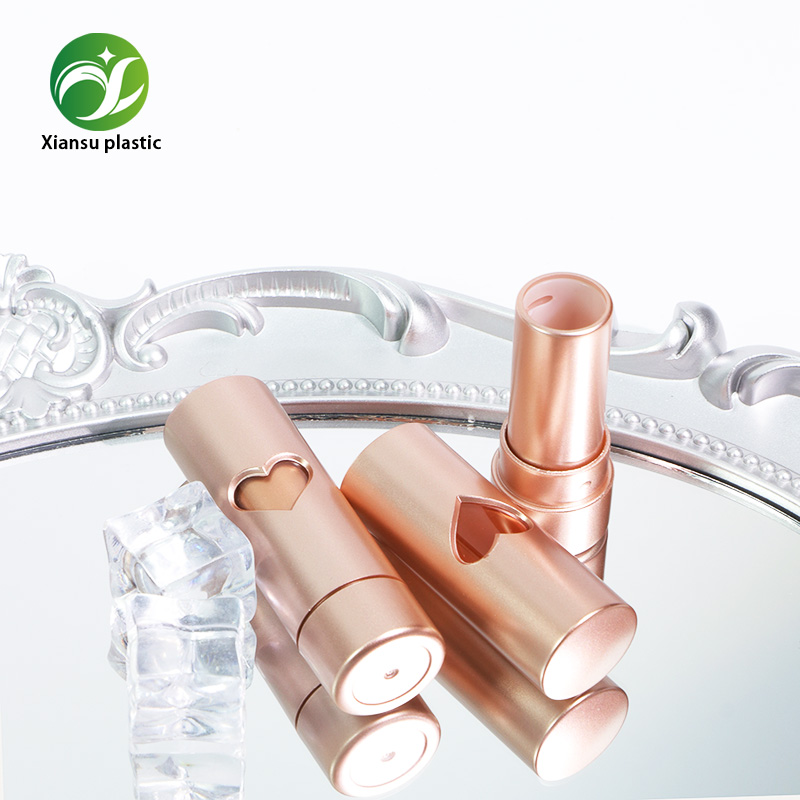 Luxury Round ABS Rose Gold Electroplated Lipstick Tube with Heart Engraving and Snap Closure – Custom Empty Lipstick Container for Private Label Makeup Brands