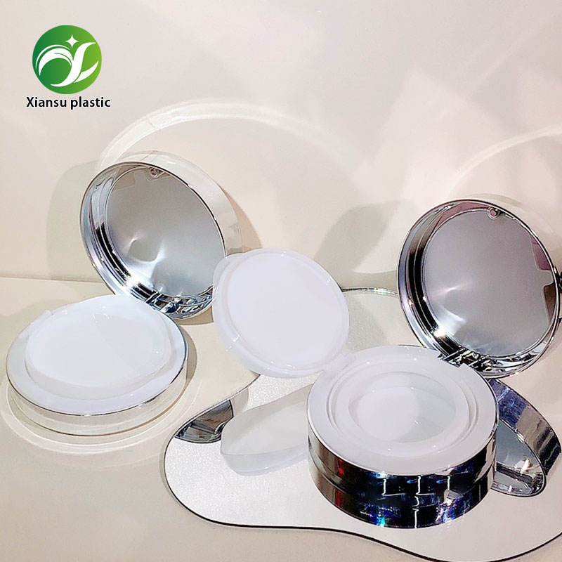15g BB Air Cushion Case ABS AS Round Compact Electroplated Silver with Puff Layer Foundation Packaging