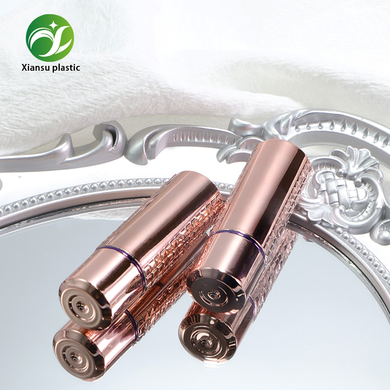 Round ABS Rose Gold Electroplated Lipstick Tube with Twist-Up Mechanism and Snap Closure – Luxury Empty Lip Balm Container for Custom Solid Makeup Packaging