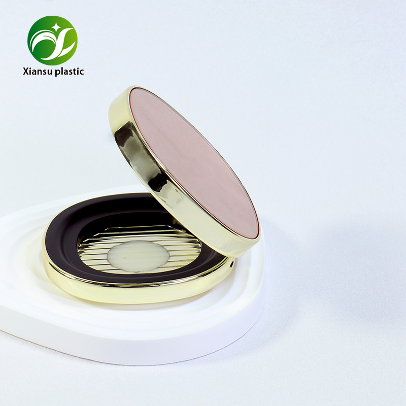 Oval Magnetic Powder Compact Case with Built-In Mirror & Electroplated Gold Rim, Empty Pressed Powder Makeup Container