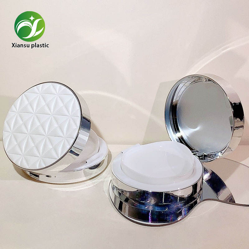 15g BB Air Cushion Case ABS AS Round Compact Electroplated Silver with Puff Layer Foundation Packaging