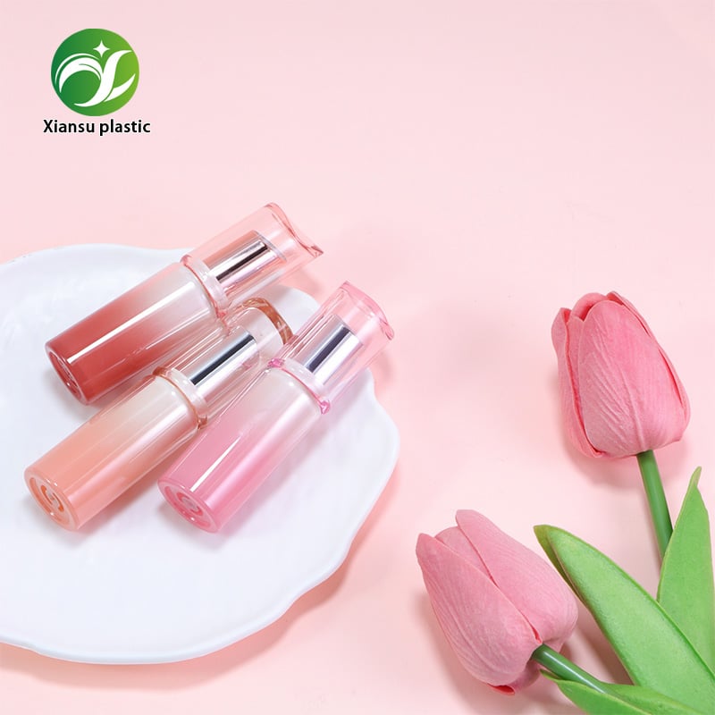 Round ABS Gradient Pink & Red Lipstick Tube with Transparent Cap and Electroplated Inner Twist Mechanism – Empty Lipstick Container for Custom Lip Balm and Solid Makeup Packaging