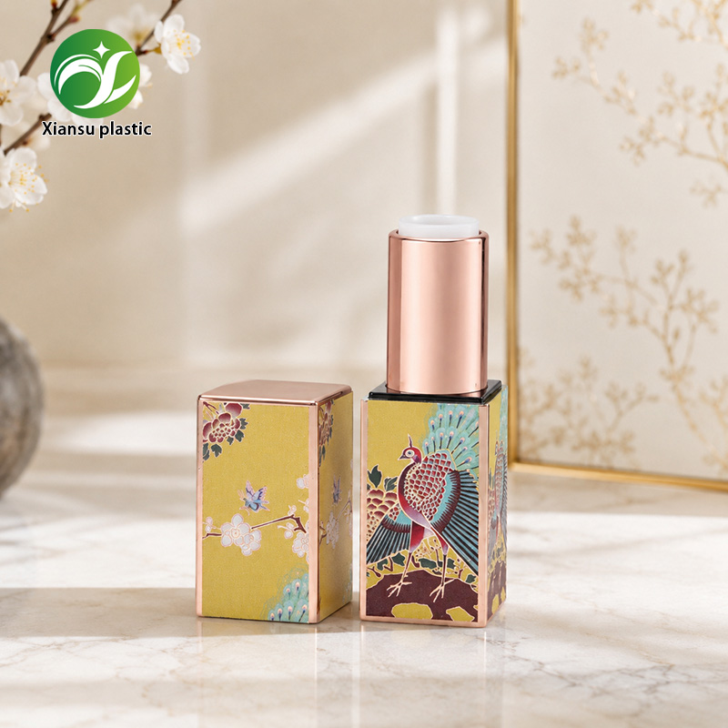Vintage Square ABS Yellow & Pink Electroplated Lipstick Tube with Peacock Pattern Printing – Custom Empty Lipstick Container for Luxury Lip Balm and Solid Makeup Packaging