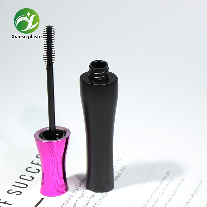 10ml Hourglass ABS Mascara Tube with Matte Black Body & Electroplated Purple Red Cap, Empty Eyelash Container with Brush for Private Label