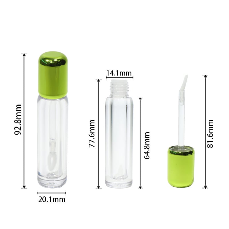 tubo per lucidalabbra da 3 ml in ABS, tappo rotondo verde elettrodepositato, contenitore trasparente per olio per labbra