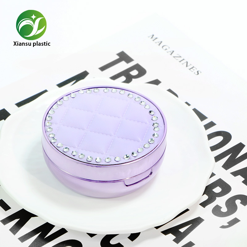 Luxe ronde paarse ABS-luchtkussencase met air cushion, gevoerd met rhinestones en quilted leer, met drukknopsluiting, 15 g BB-cushion foundation verpakkingsdoos, OEM/ODM