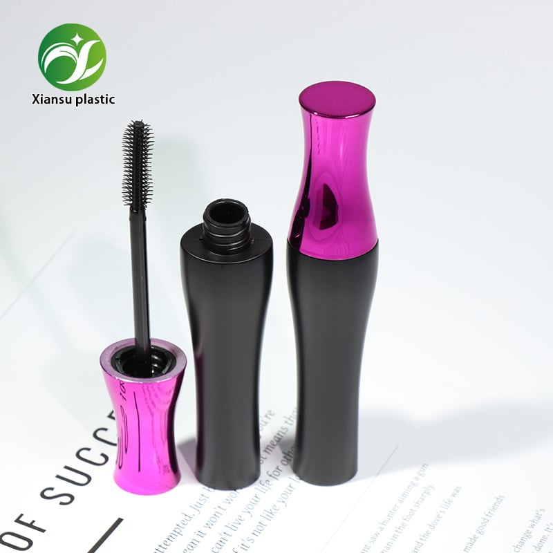 10ml Hourglass ABS Mascara Tube with Matte Black Body & Electroplated Purple Red Cap, Empty Eyelash Container with Brush for Private Label