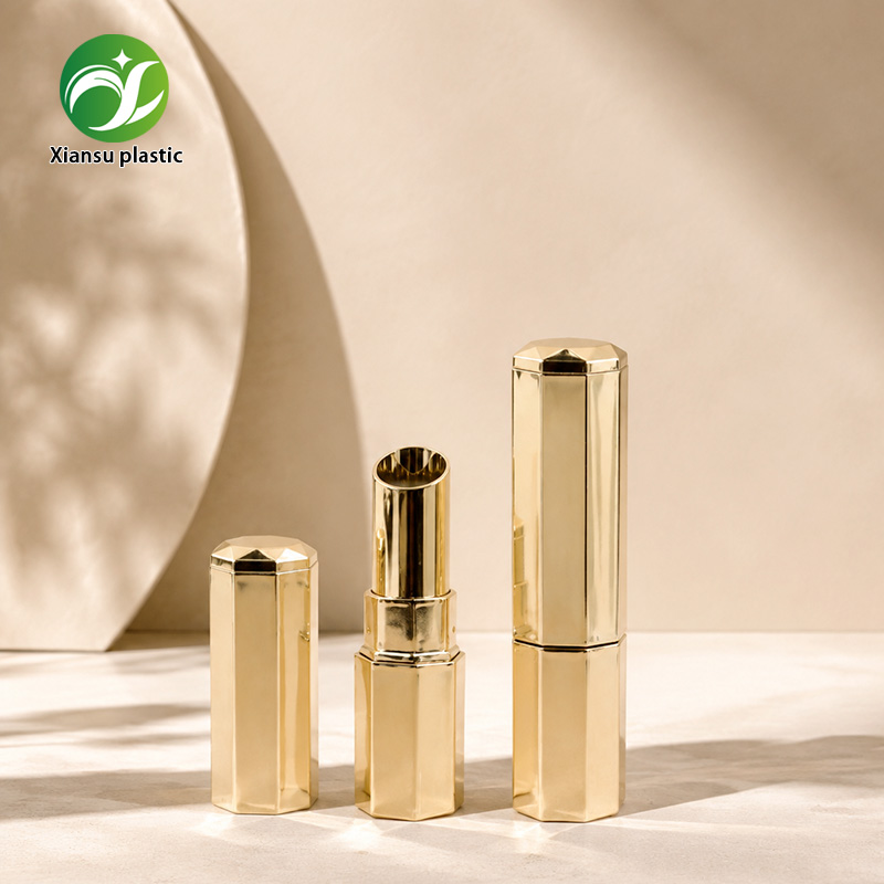 Octagonal ABS Lipstick Tube Gold Silver Electroplated Empty Lip Balm Container for OEM Cosmetic Packaging