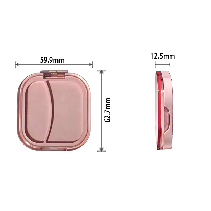 boîte carrée pour poudre fard à joues transparente violette avec fermeture par rabat et contenant vide pour poudre compacte