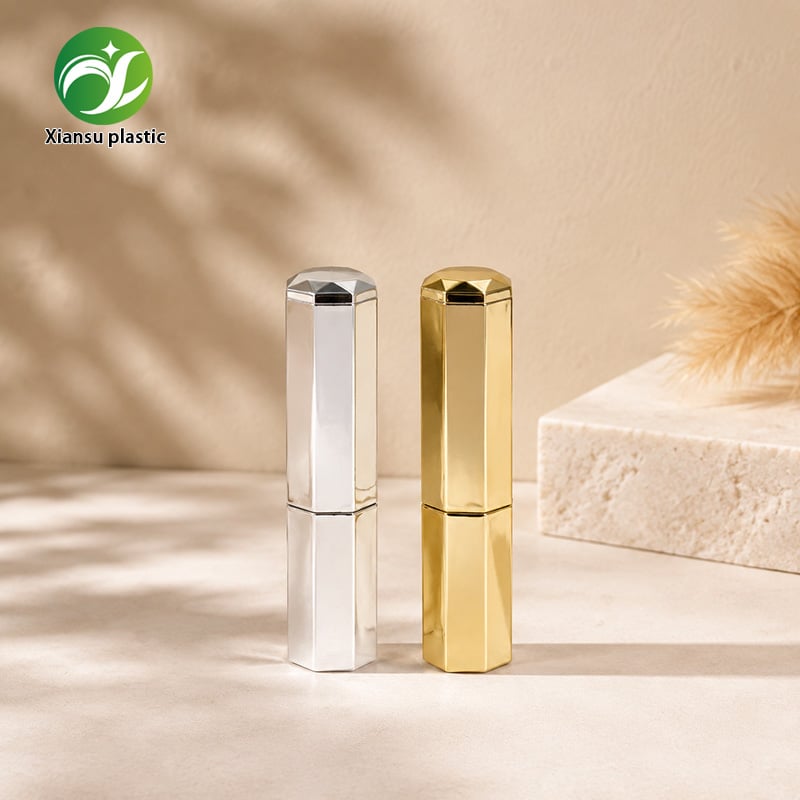 Octagonal ABS Lipstick Tube Gold Silver Electroplated Empty Lip Balm Container for OEM Cosmetic Packaging