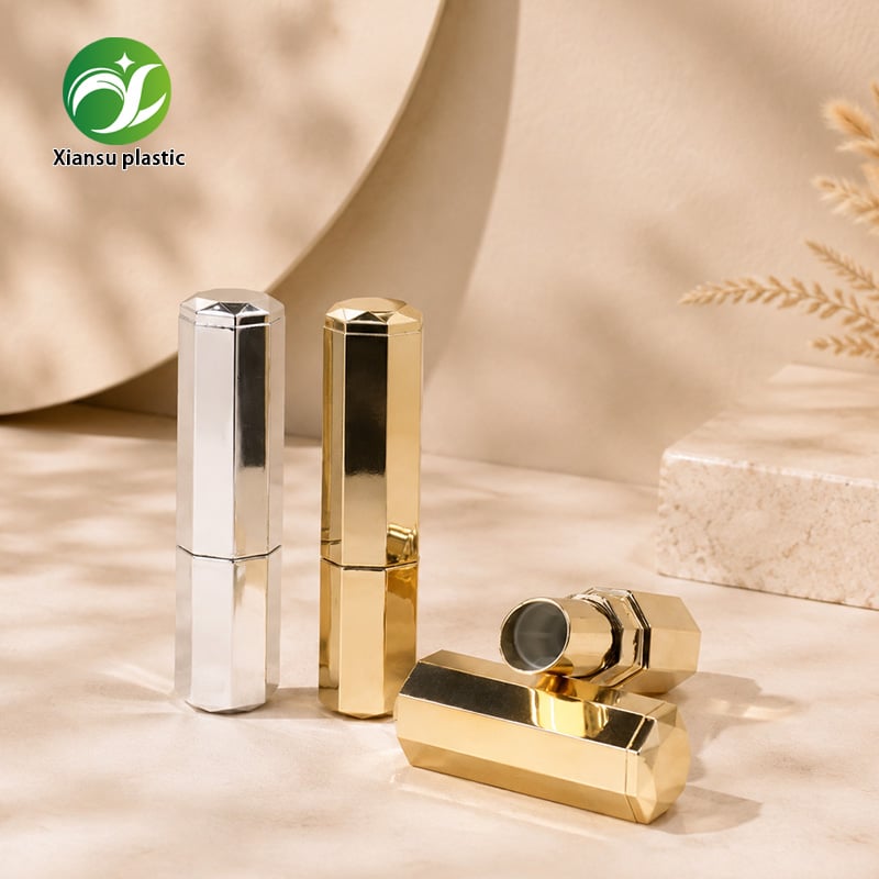 Octagonal ABS Lipstick Tube Gold Silver Electroplated Empty Lip Balm Container for OEM Cosmetic Packaging