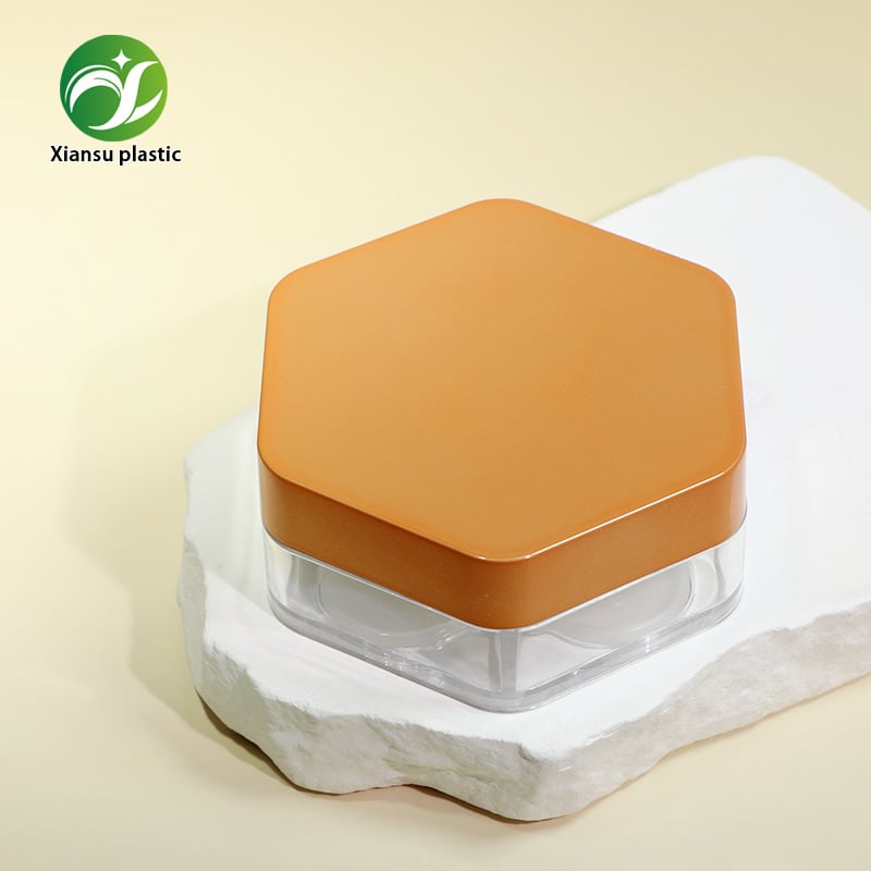 Hexagon ABS Loose Powder Compact with Four Grid Compartments and Transparent Base – Glossy Orange Lid Empty Powder Container with Independent Sifter Layers for Custom Cosmetic Packaging