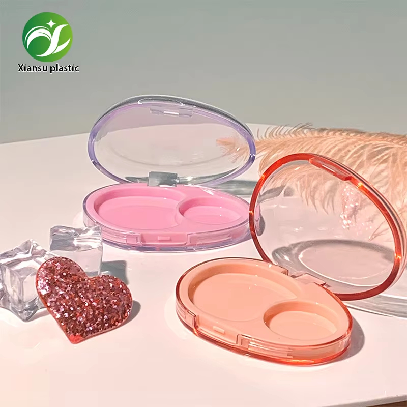 Dual-Well Oval Blush Compact Case with Transparent Flip Lid Candy Color Contour Powder Packaging