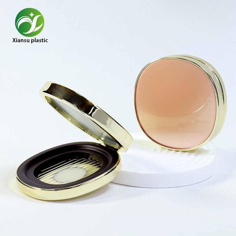 Oval Magnetic Powder Compact Case with Built-In Mirror & Electroplated Gold Rim, Empty Pressed Powder Makeup Container