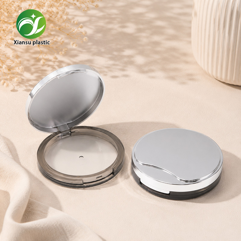 Round ABS Pressed Powder Case with Silver Electroplated Flip Lid and Built-in Mirror – Empty Makeup Compact with Transparent Base for Blush, Powder and Cosmetic Packaging