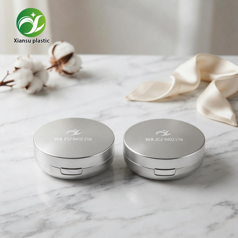Round ABS Air Cushion Case with Silver Electroplated Finish, Mirror and Puff Compartment – Empty Cushion Compact Container for BB Cream, Foundation and Custom Cosmetic Packaging