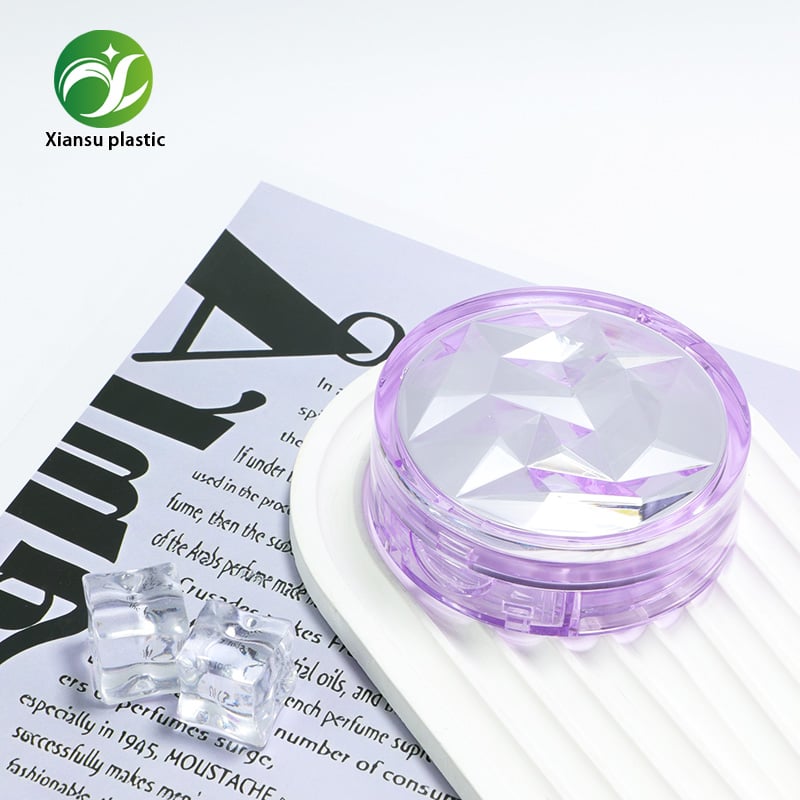 Estuche compacto transparente de color púrpura en ABS con amortiguación de aire y diseño superior prismático – Estuche vacío para BB cream y fundación en esponja, con espejo y soporte para esponja para embalaje cosmético