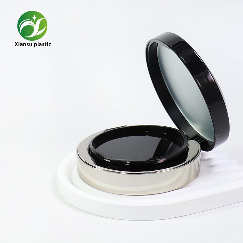 Electroplated Silver Air Cushion Compact Case Round Foundation Container With Mirror & Puff Holder For Makeup Packaging