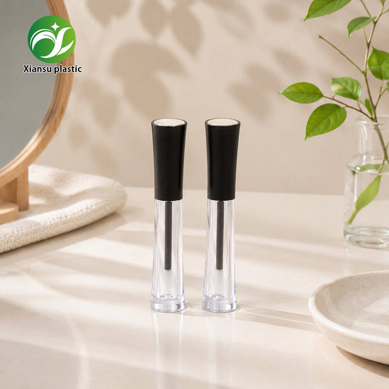 Slim Waist AS+ABS Lip Gloss Tube with Transparent Body and Frosted Black Cap – Elegant Empty Cosmetic Container with Brush Applicator for Lip Gloss, Lip Tint and Liquid Makeup Products