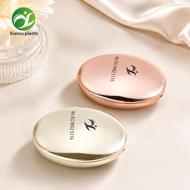 Oval ABS Blush Powder Case with Gold & Rose Gold Electroplated Finish, Empty Makeup Compact with Mirror and Divider Pan for Cosmetic Packaging