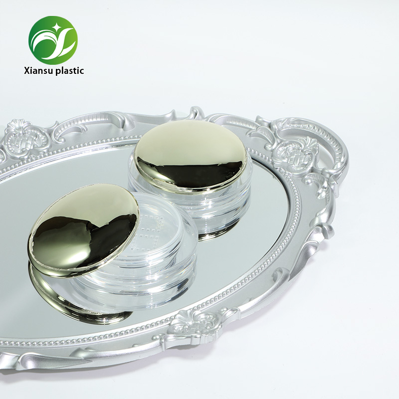 Custom Flat Round Transparent Loose Powder Compact with Electroplated Lid – ABS Cosmetic Powder Case for Setting Powder, Finishing Powder & Private Label Beauty Packaging