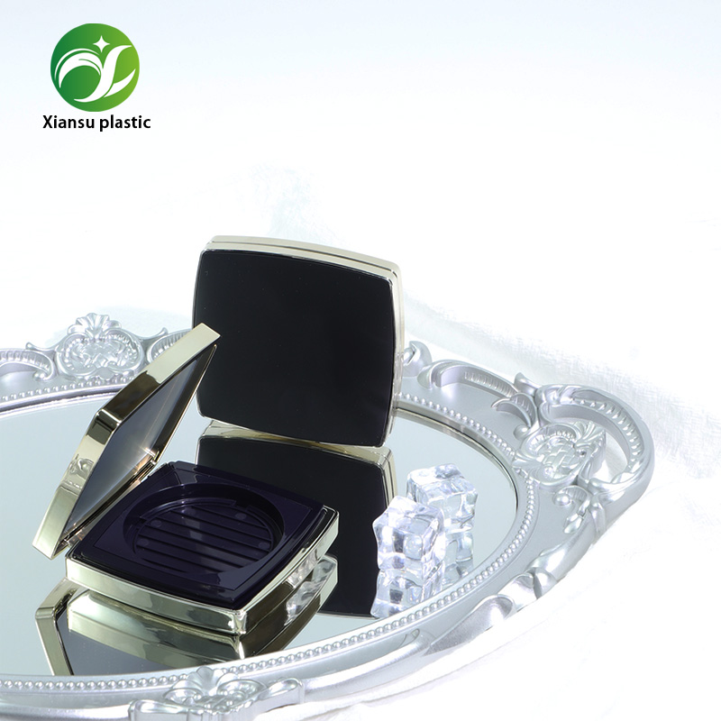 Custom Black Gold Powder Compact Case With Mirror And Puff Holder For Pressed Powder Makeup Packaging