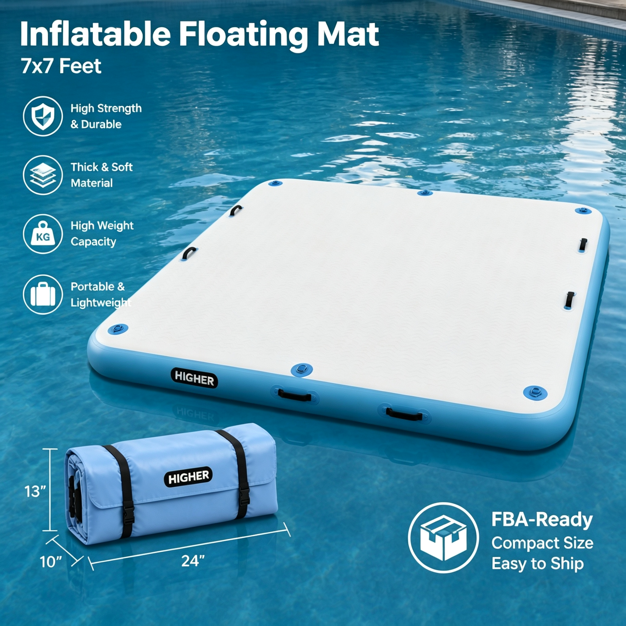 FBA-Optimized 7x7 Floating Mat | Commercial-Grade Compact Inflatable Water Mat